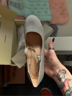 Sparkling Silver Mary Jane Flat with Buckle Strap - Women's Heels